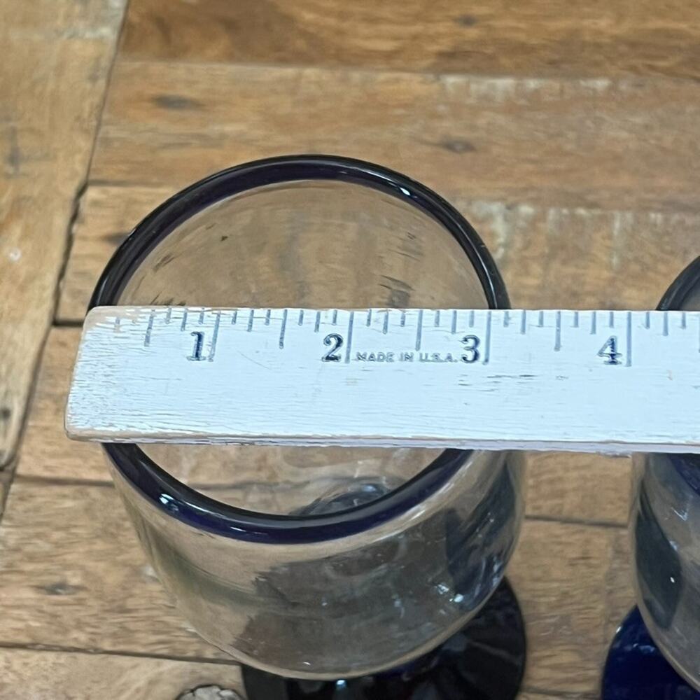 Mexican Hand Blown Goblets Drinking Glasses Cobalt Blue Rim Set of 5 - Picture 7 of 12